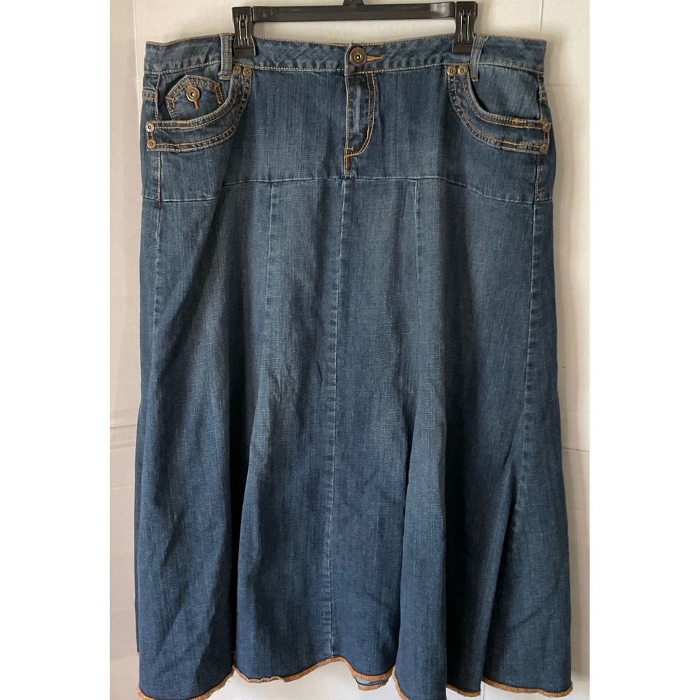 Vintage Wah Jeans Dark Wash Denim Maxi Skirt Plus Size 20W Boho Flared Panelled